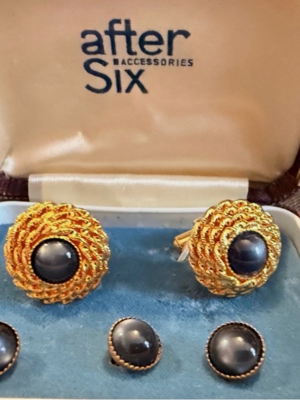 After Six Gold-Tone Cufflinks and Stud Set with Black Cabochons